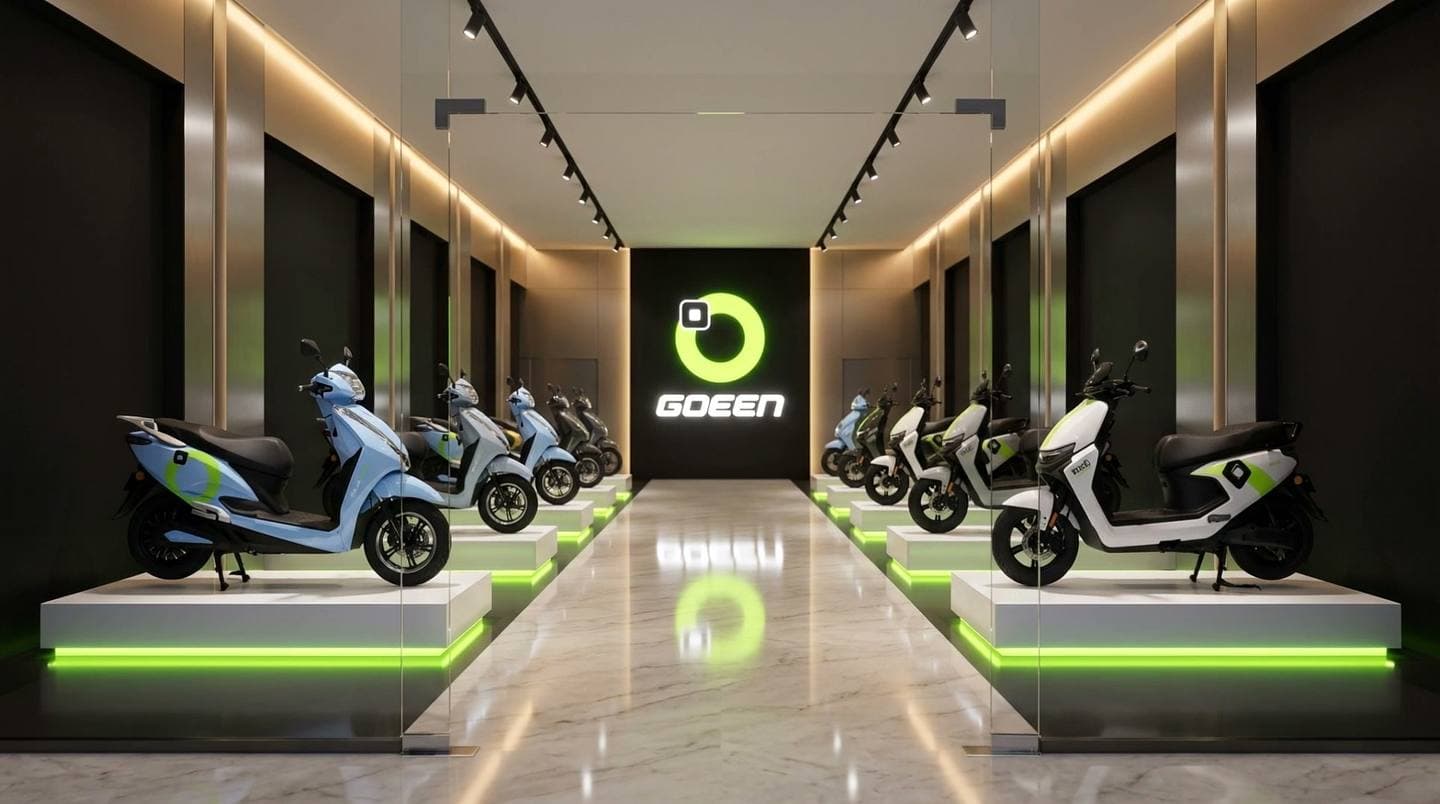 A lit GOEEN showroom with scooters on illuminated plinths