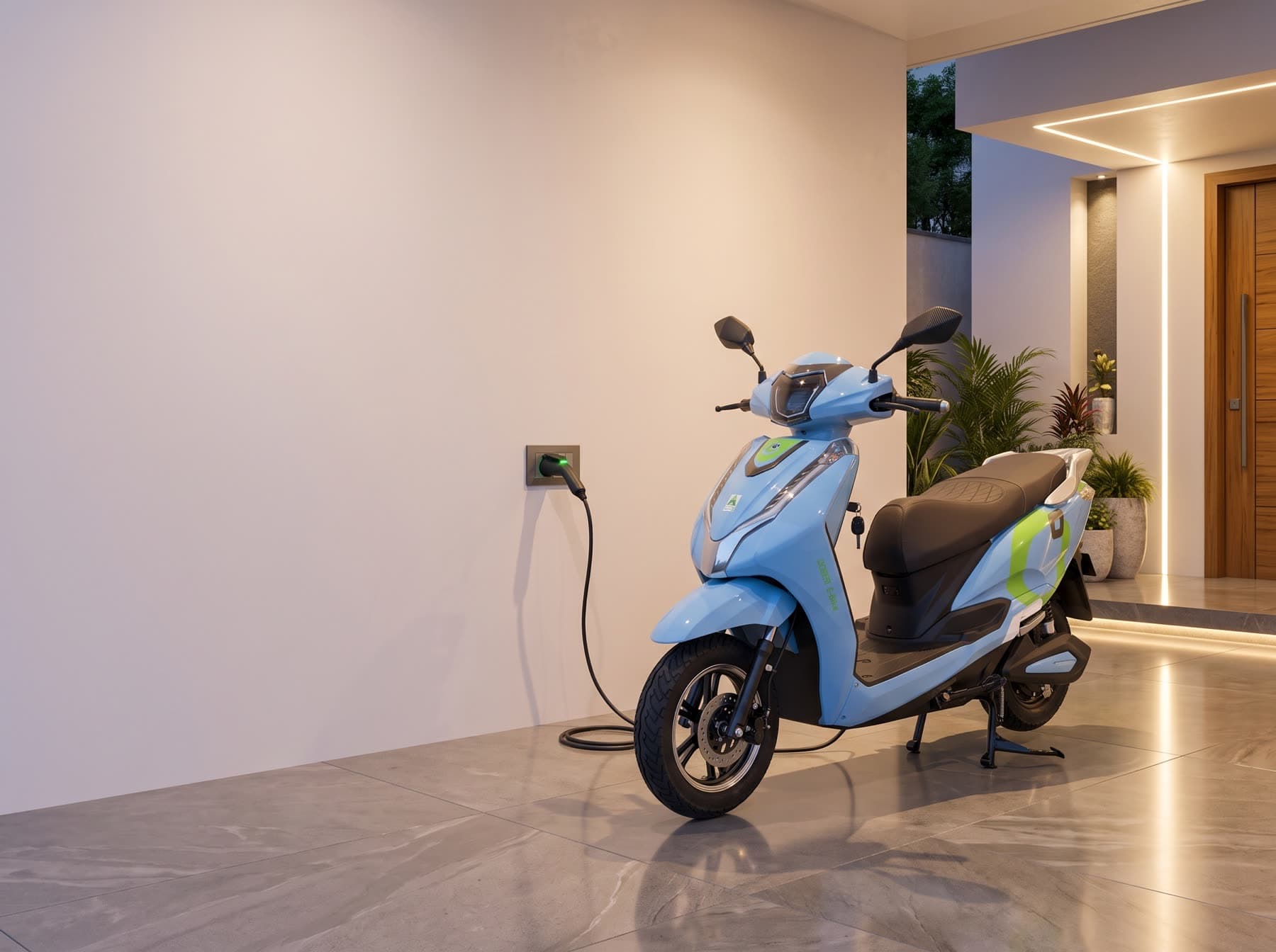 A GOEEN scooter charging from a wall socket at home