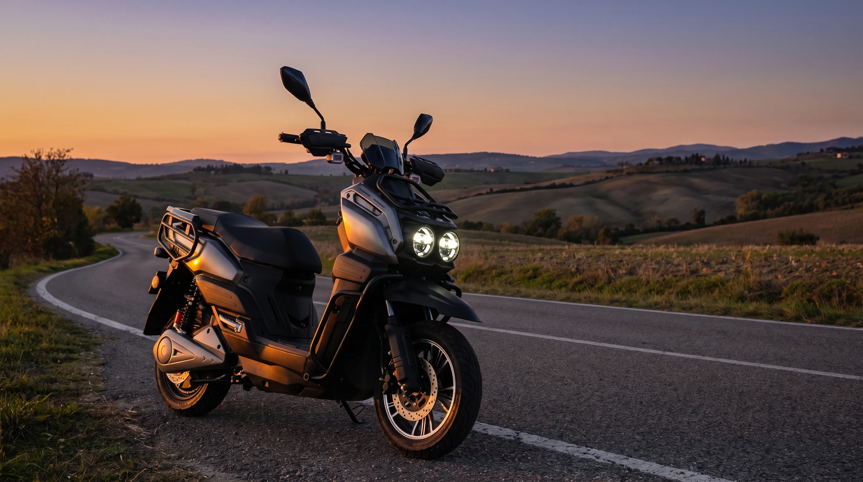 A GOEEN electric scooter on an open countryside road at golden hour