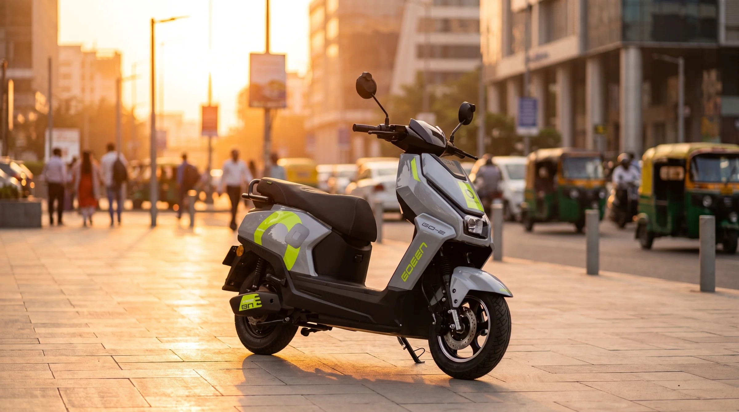 A GOEEN scooter on a busy Indian city street at golden hour