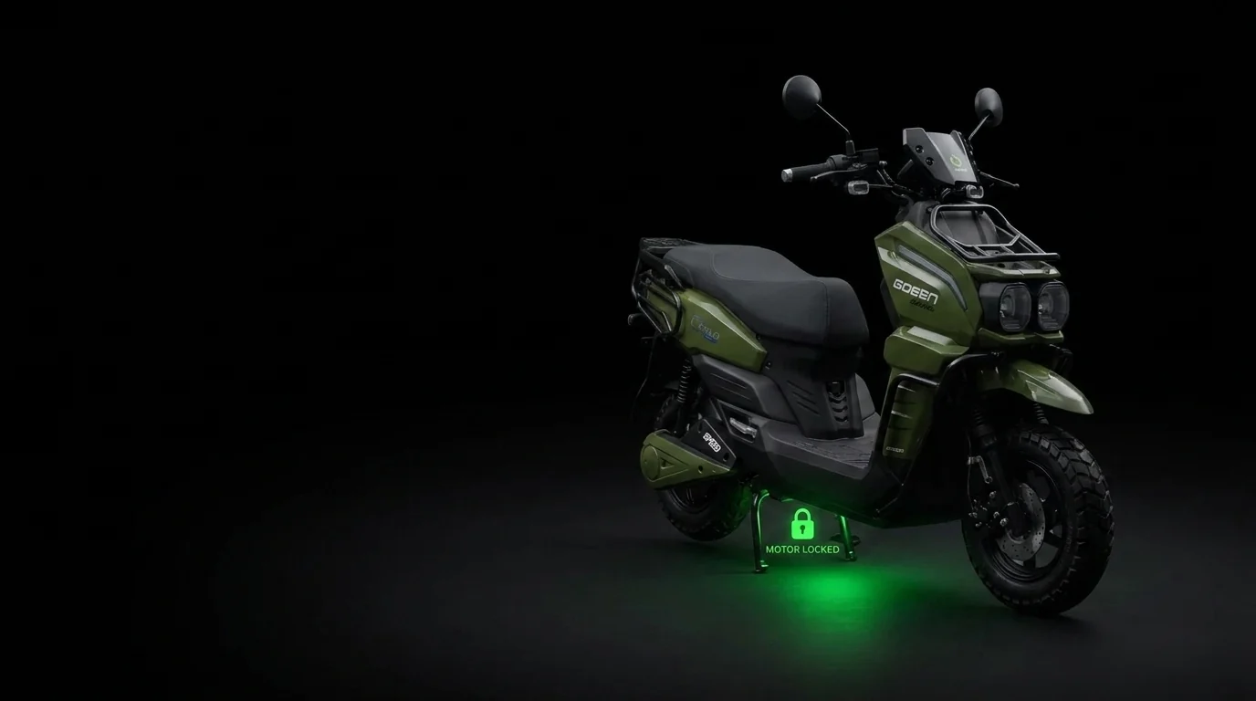 GOEEN scooter with side-stand down and a safety glow