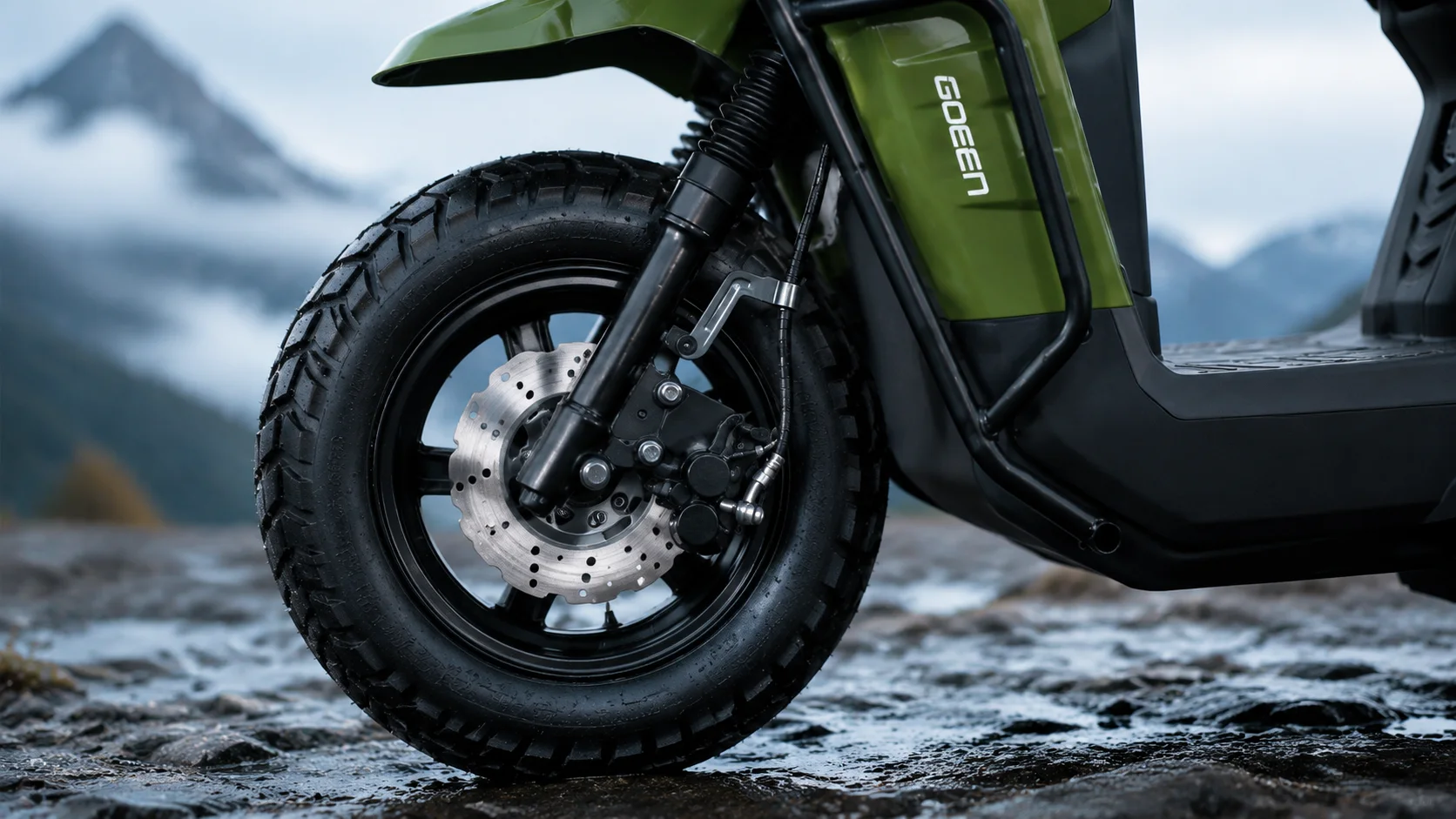 GOEEN CHALO 1000 V2 front wheel and disc brake, misty mountain backdrop