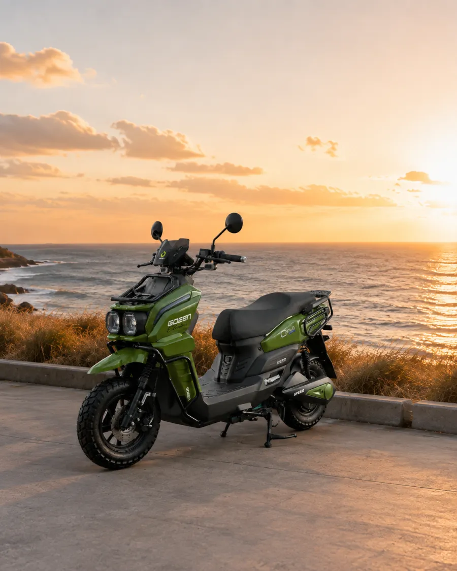 CHALO 1000 V2 on a coastal road at sunset