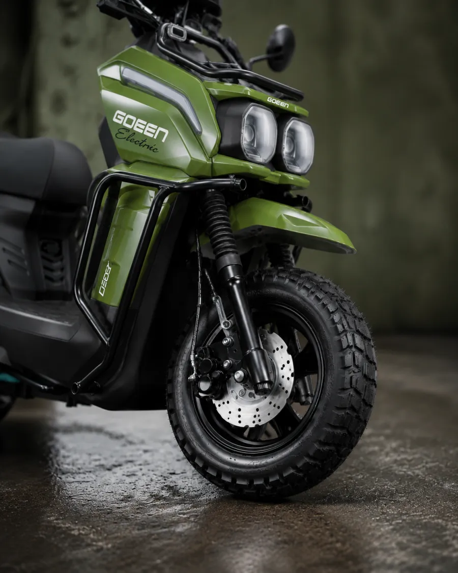 Front wheel and disc brake closeup