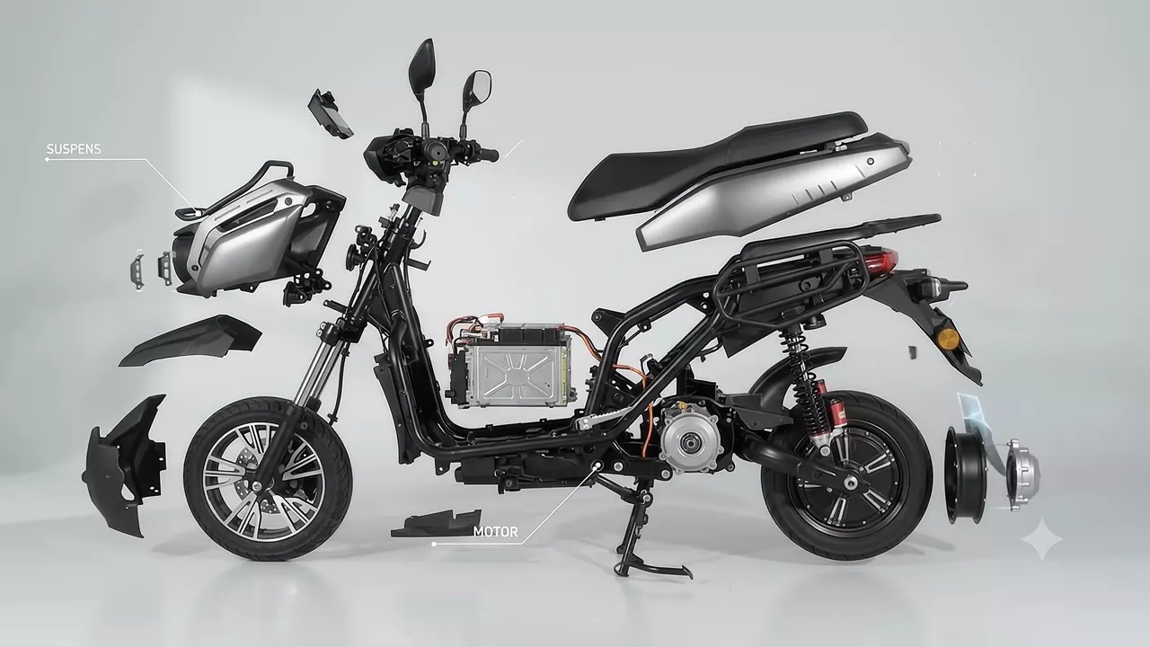 The CHALO 1000 shown exploded: panels, frame, battery pack and hub motor