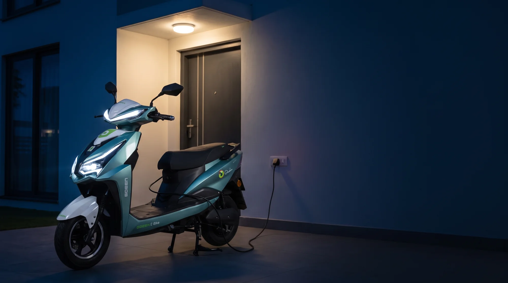 CHALO NEO charging by an apartment doorway at night