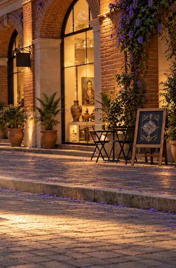 A lamp-lit arcade at dusk — jacaranda blossom over a café table and cobbles