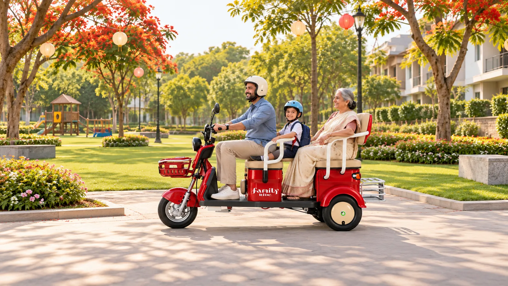 A father riding the NJA-7 with his son and mother seated behind him through a sunny park