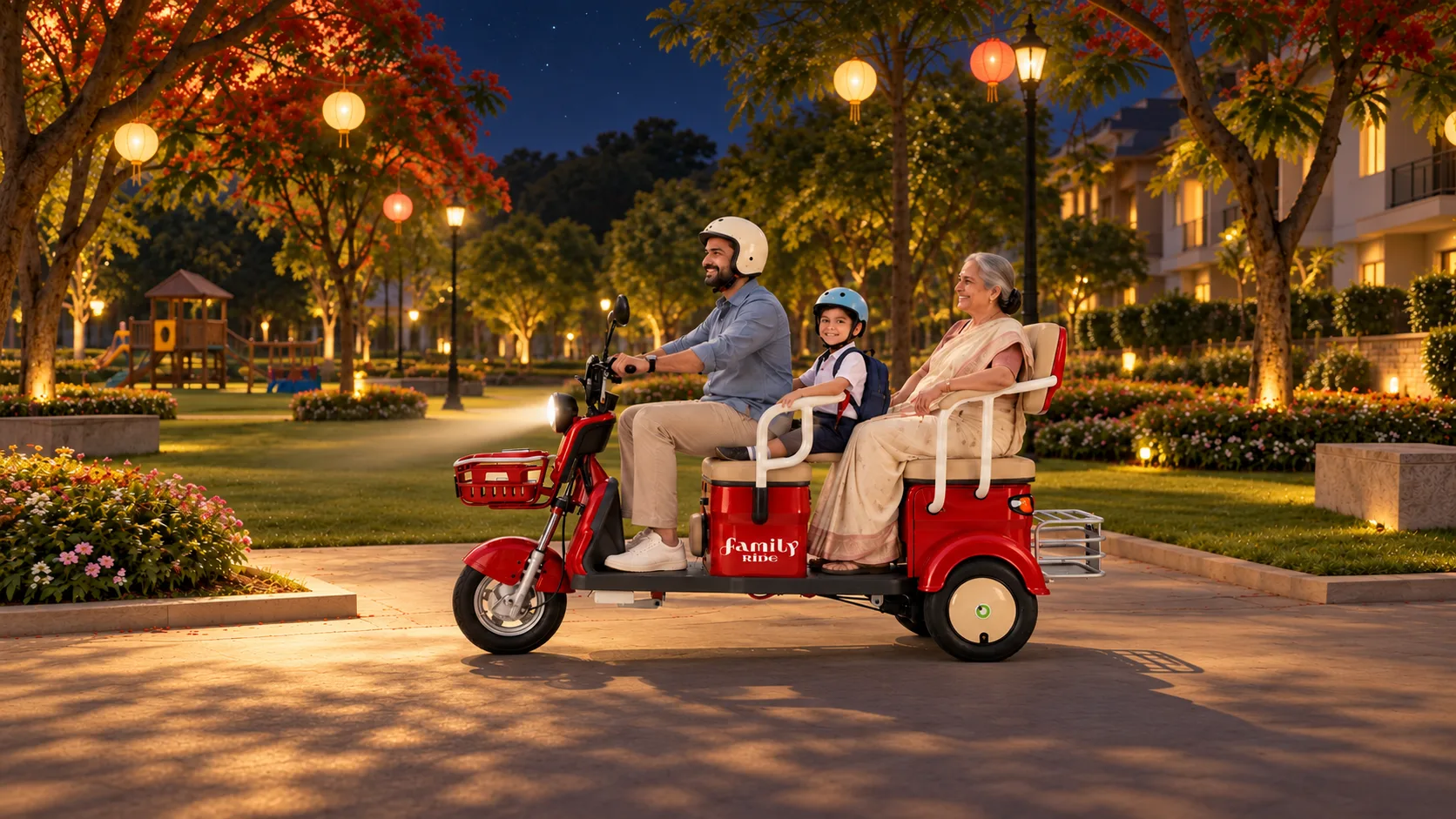 The same family on the NJA-7 in the park at night under lamplight