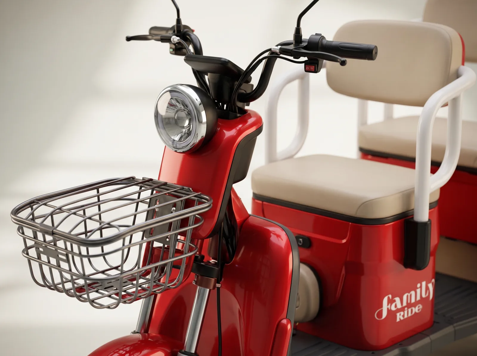 Close-up of the NJA-7 front: LED projector headlamp, handlebars and wire basket