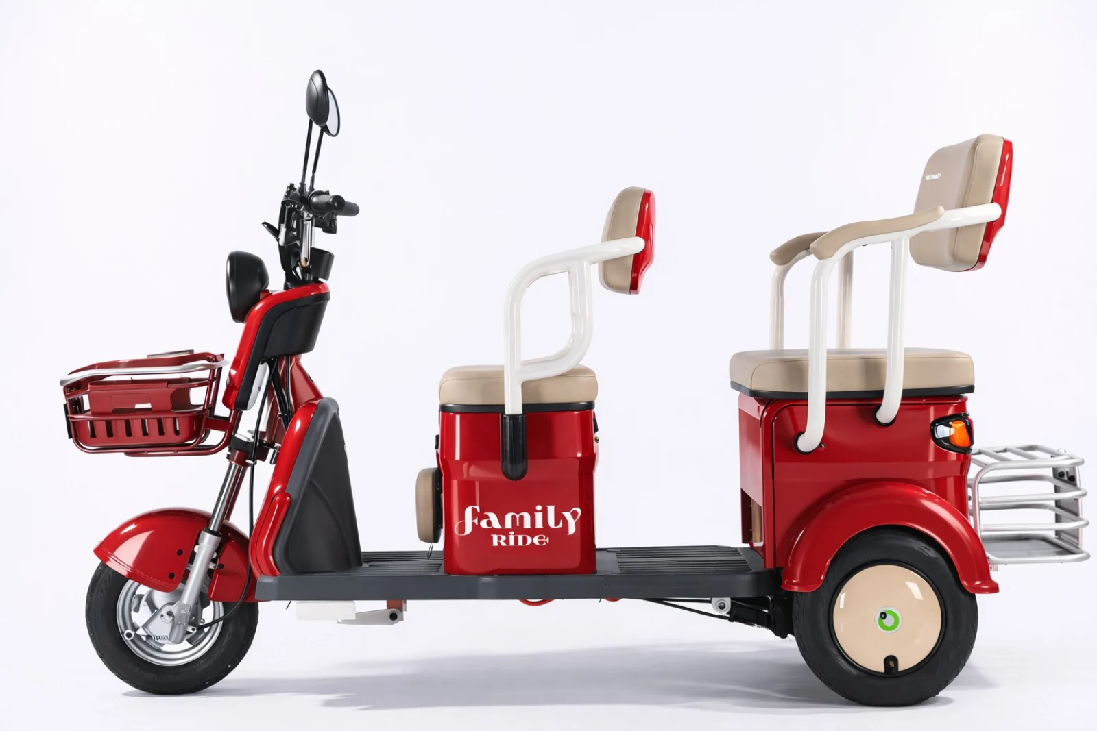 GOEEN NJA-7 side view showing the front basket, the boot under the seats and the rear rack