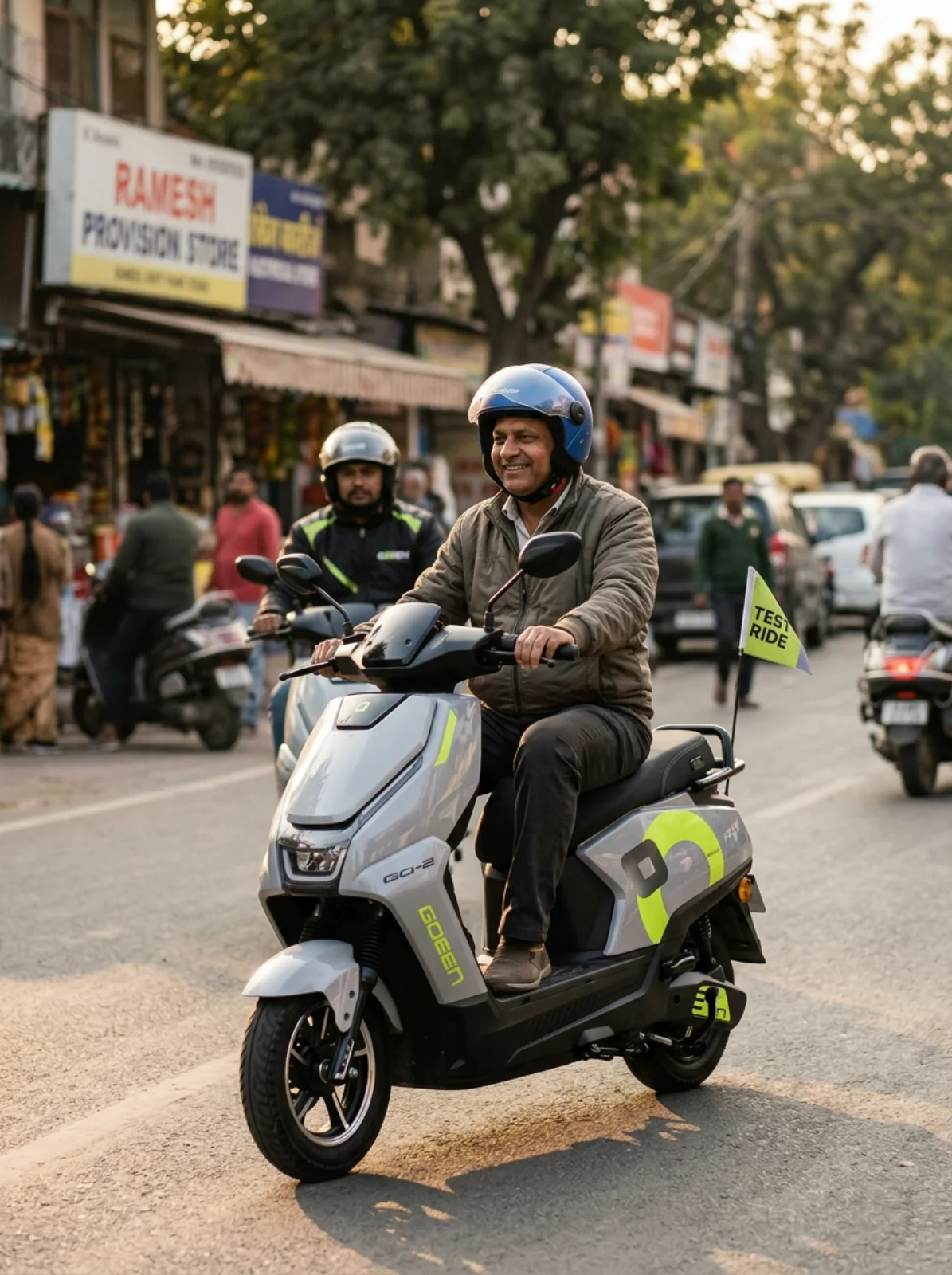 A customer on a GOEEN GO-2 test ride through a busy street, a GOEEN specialist riding behind